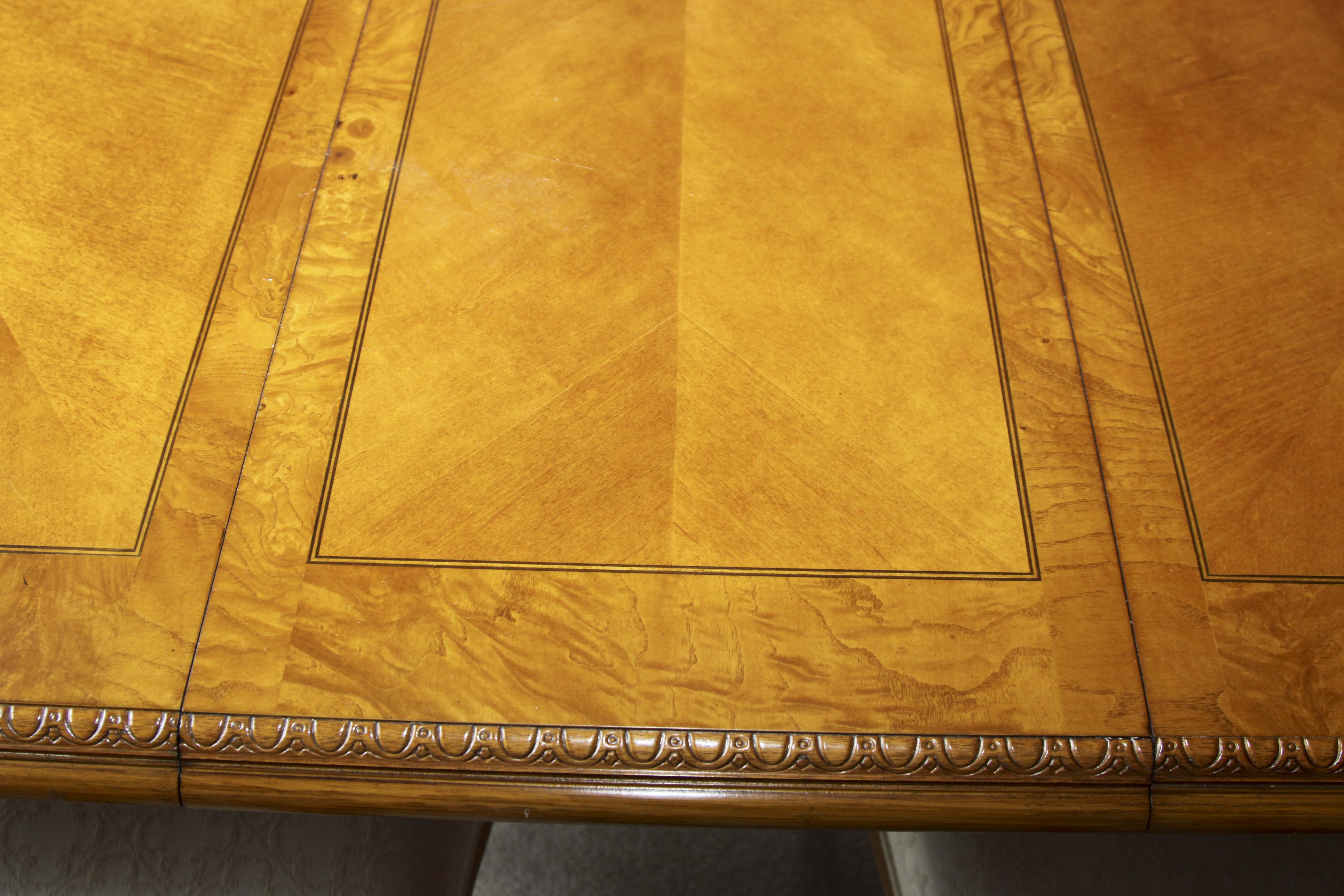 Elegant Olive Wood Dining Room Table and Eight Chairs