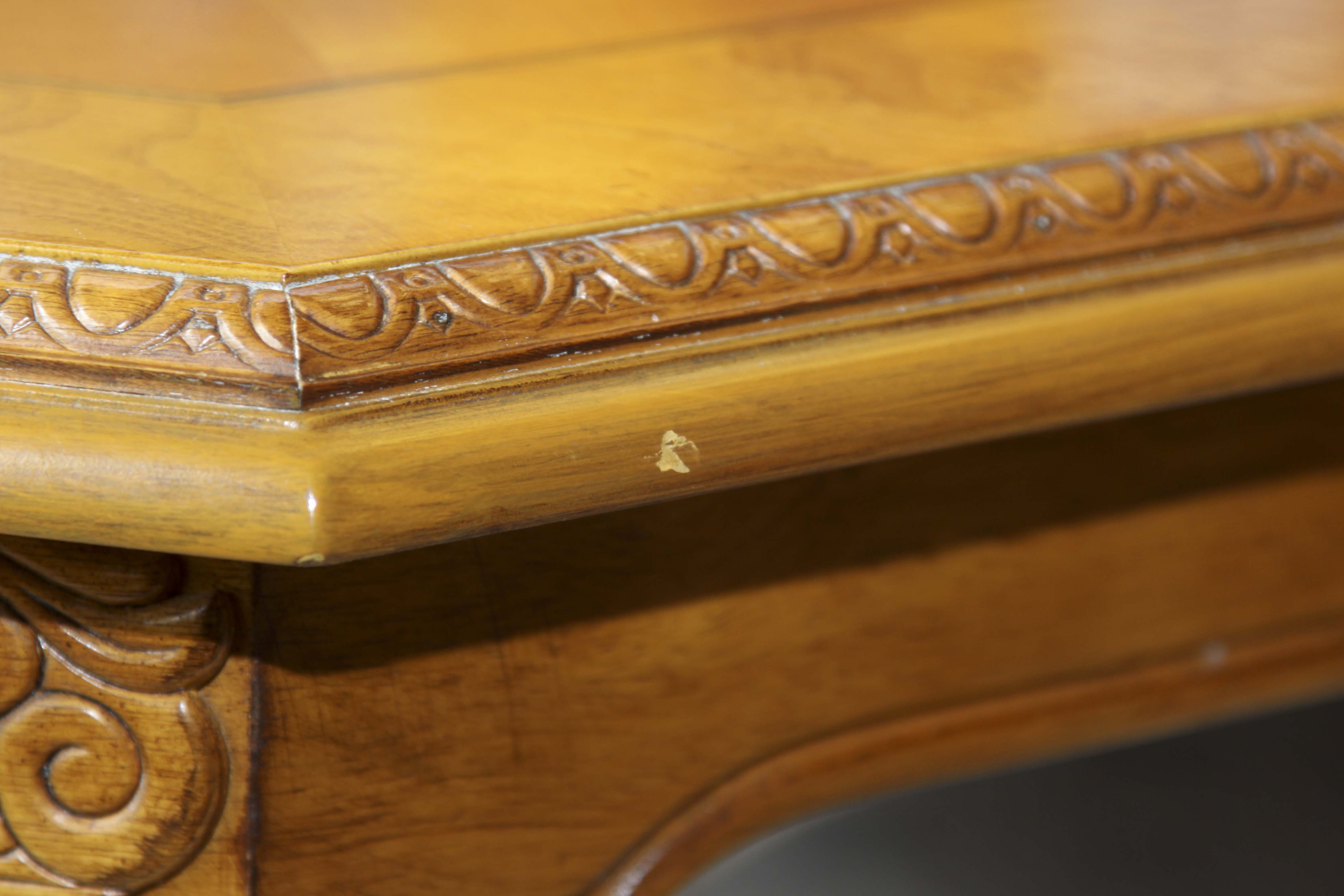 Elegant Olive Wood Dining Room Table and Eight Chairs