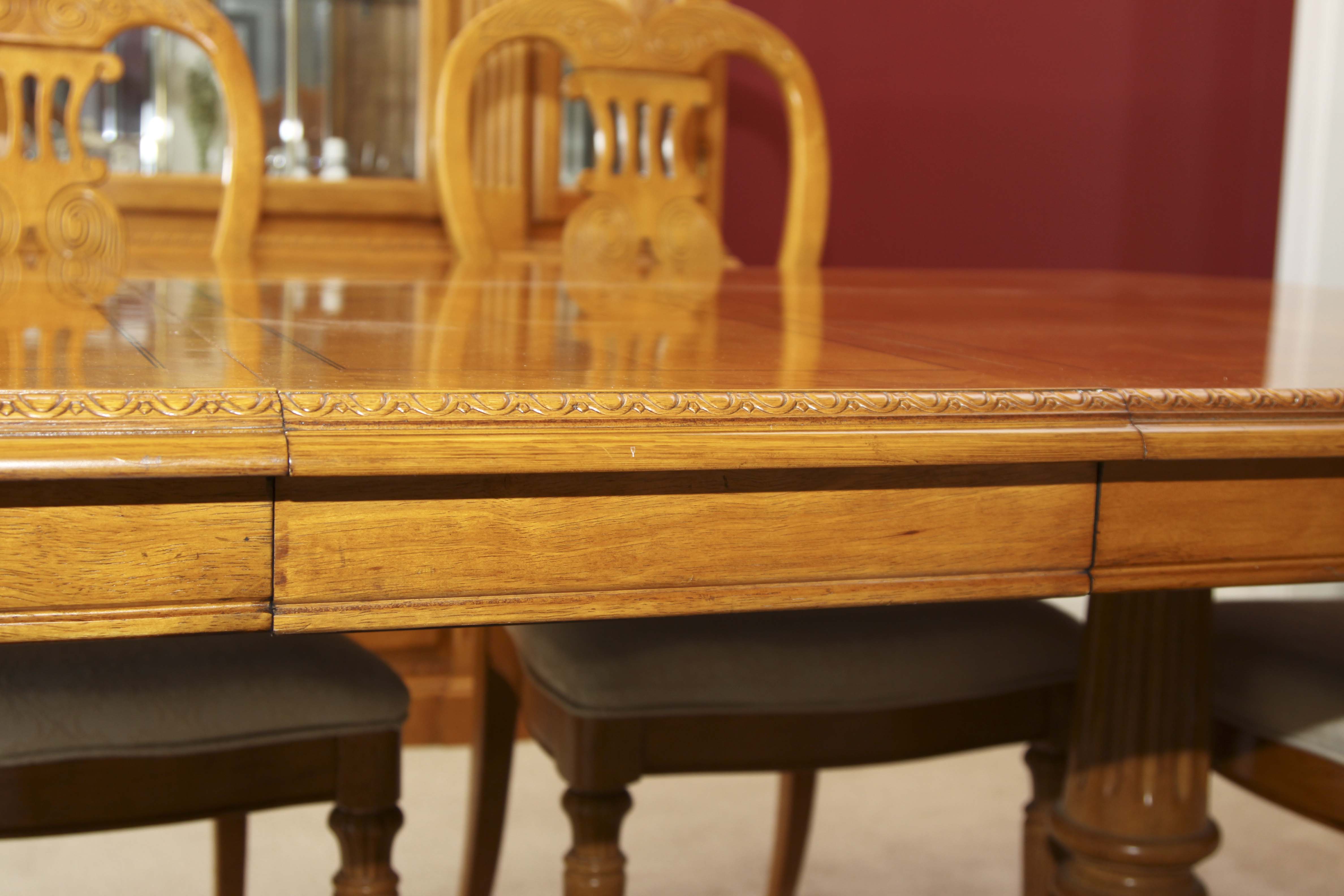 Elegant Olive Wood Dining Room Table and Eight Chairs