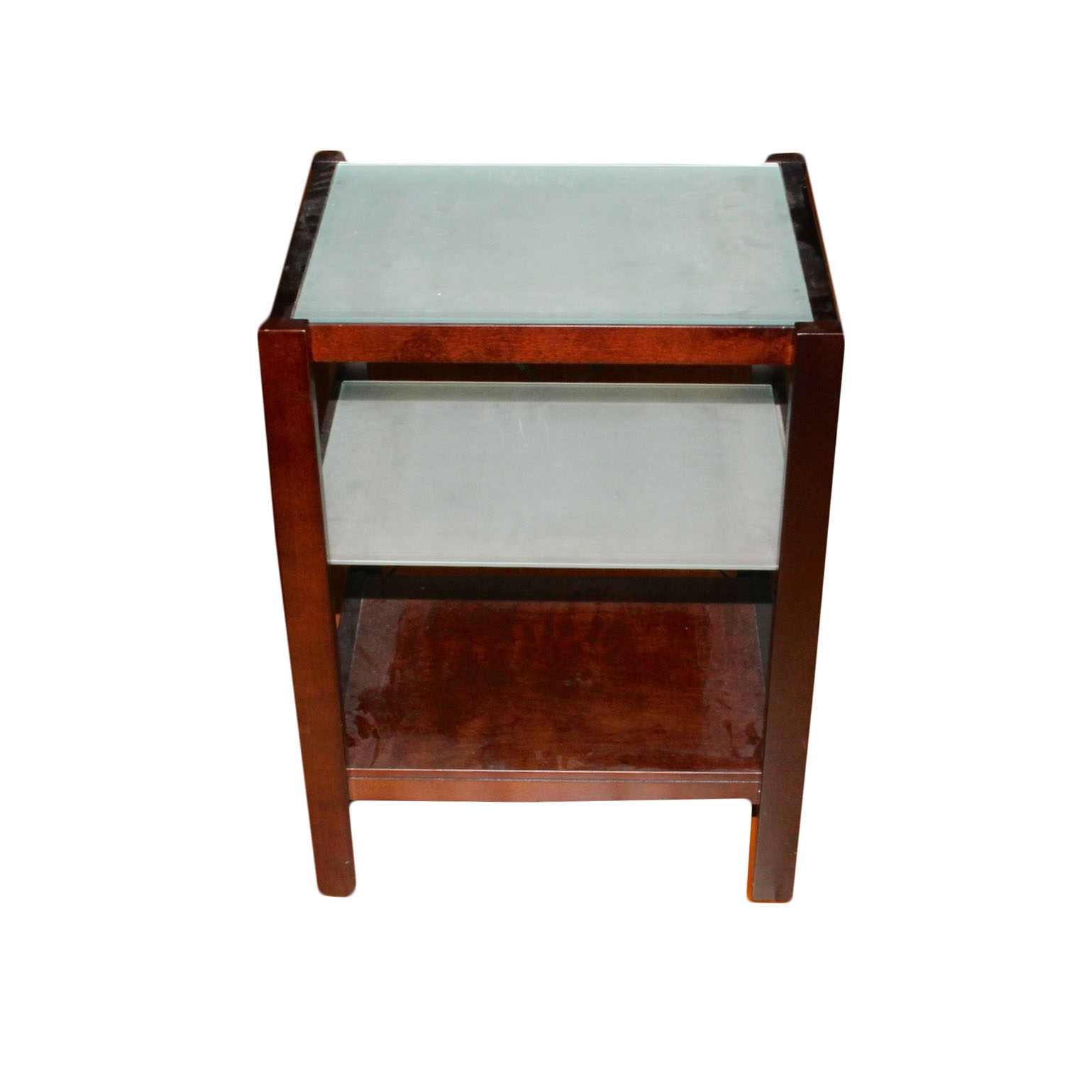 Modern Three-Tiered Etched Glass and Wood Veneer Side Table