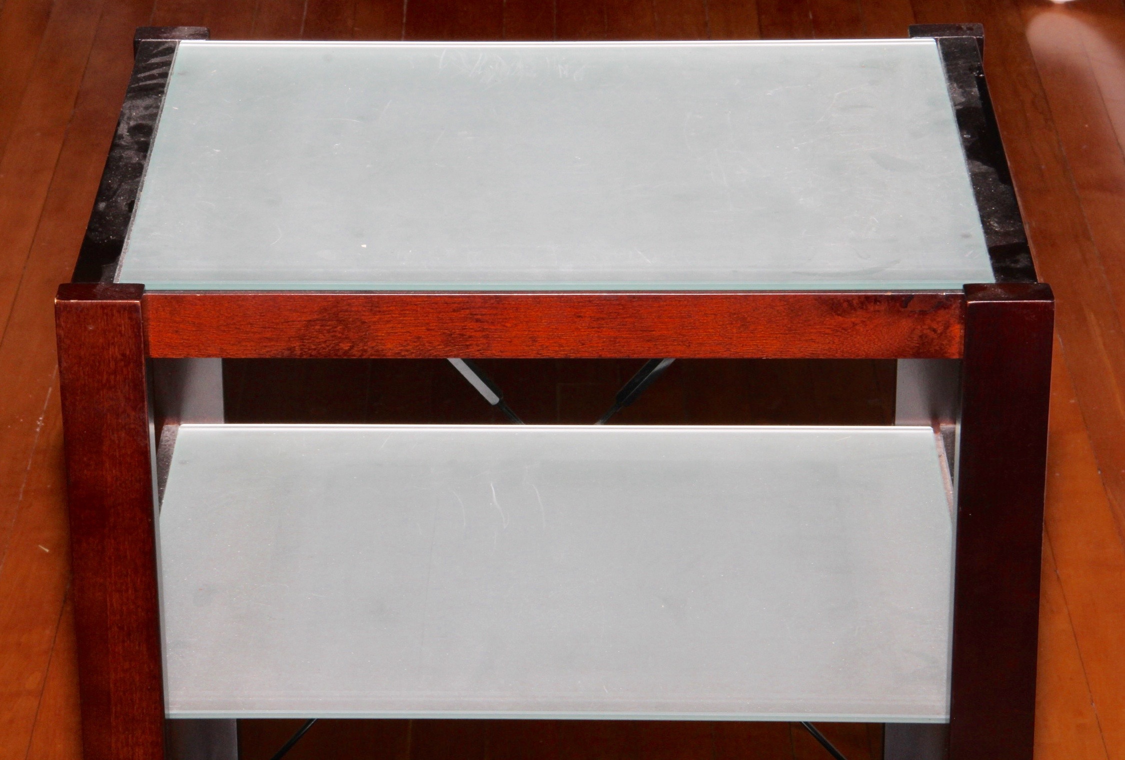 Modern Three-Tiered Etched Glass and Wood Veneer Side Table