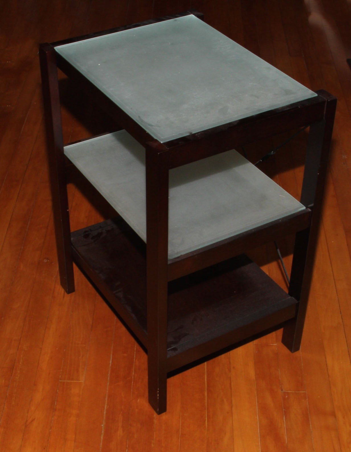 Modern Three-Tiered Etched Glass and Wood Veneer Side Table