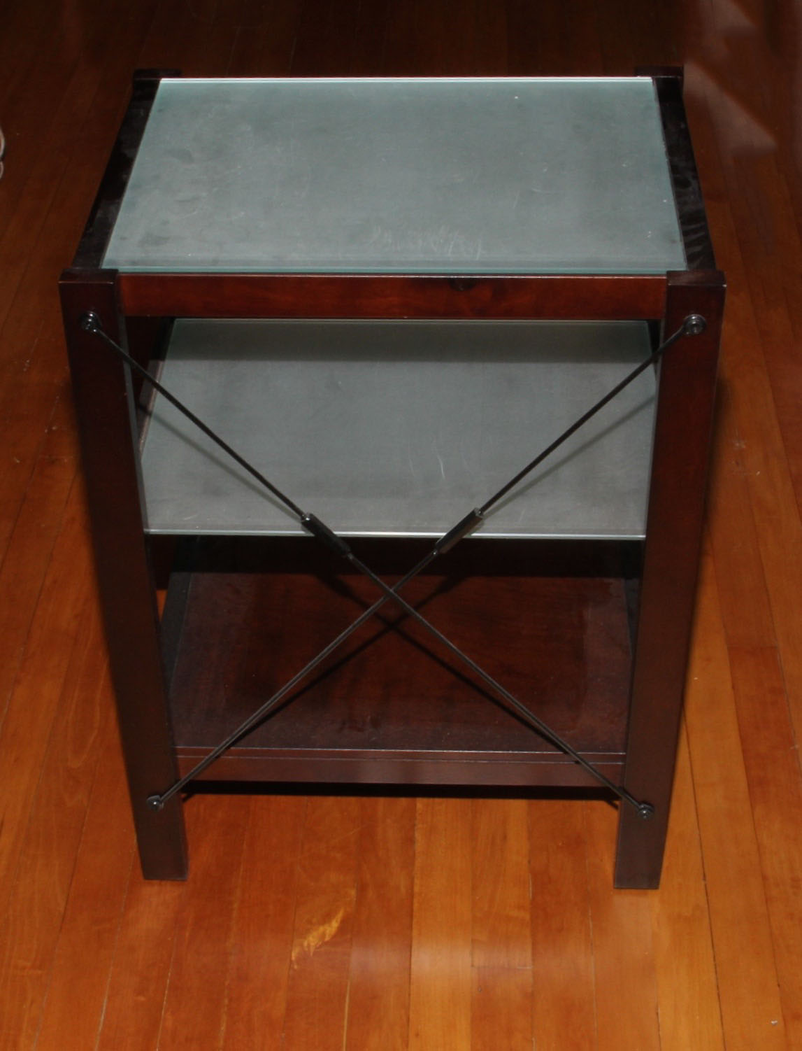 Modern Three-Tiered Etched Glass and Wood Veneer Side Table
