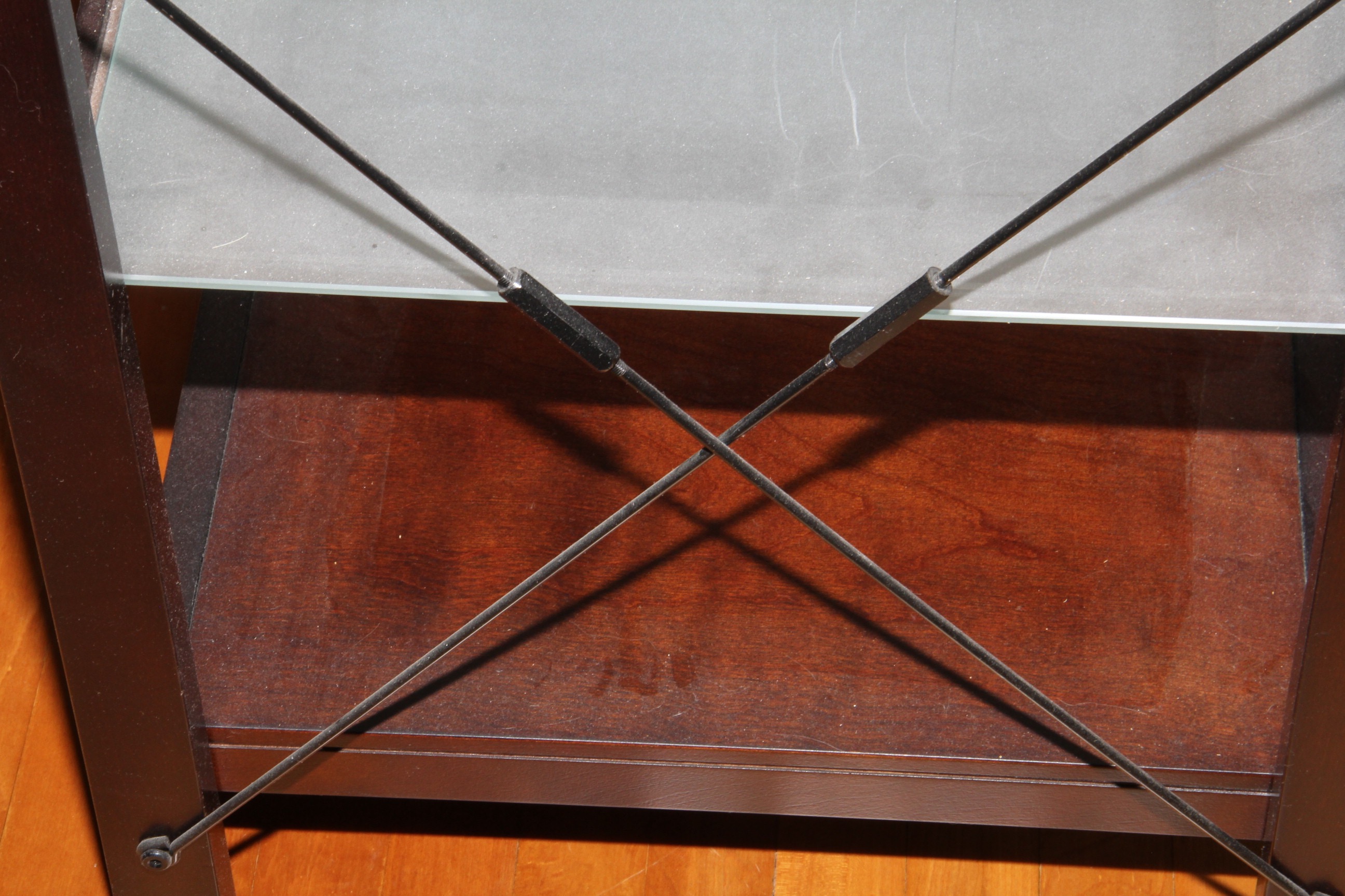 Modern Three-Tiered Etched Glass and Wood Veneer Side Table