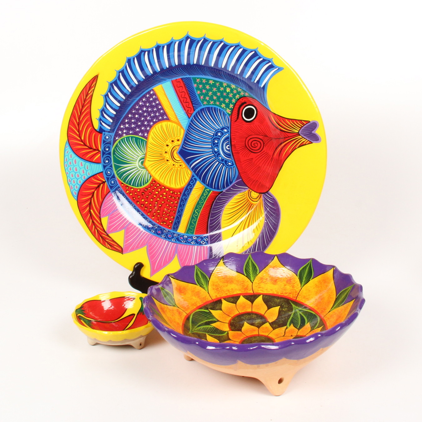 Three Vibrantly Painted Terracotta Pieces