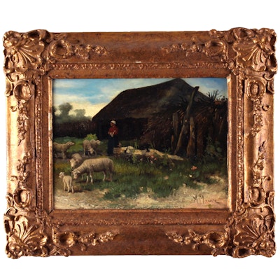 Charles Meurer 20th Century Oil Painting of Shepherdess and Sheep Charles Meurer 20th Century Oil Painting of Shepherdess and Sheep
