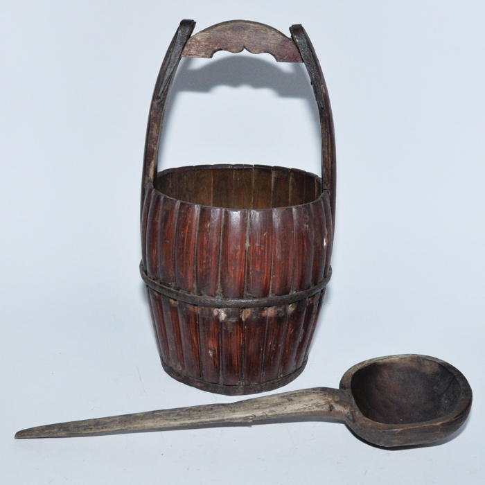 Antique Wooden Pail and Serving Spoon