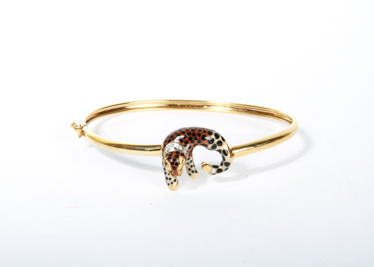 14K Yellow Gold and Diamond Enameled Cheetah Bangle