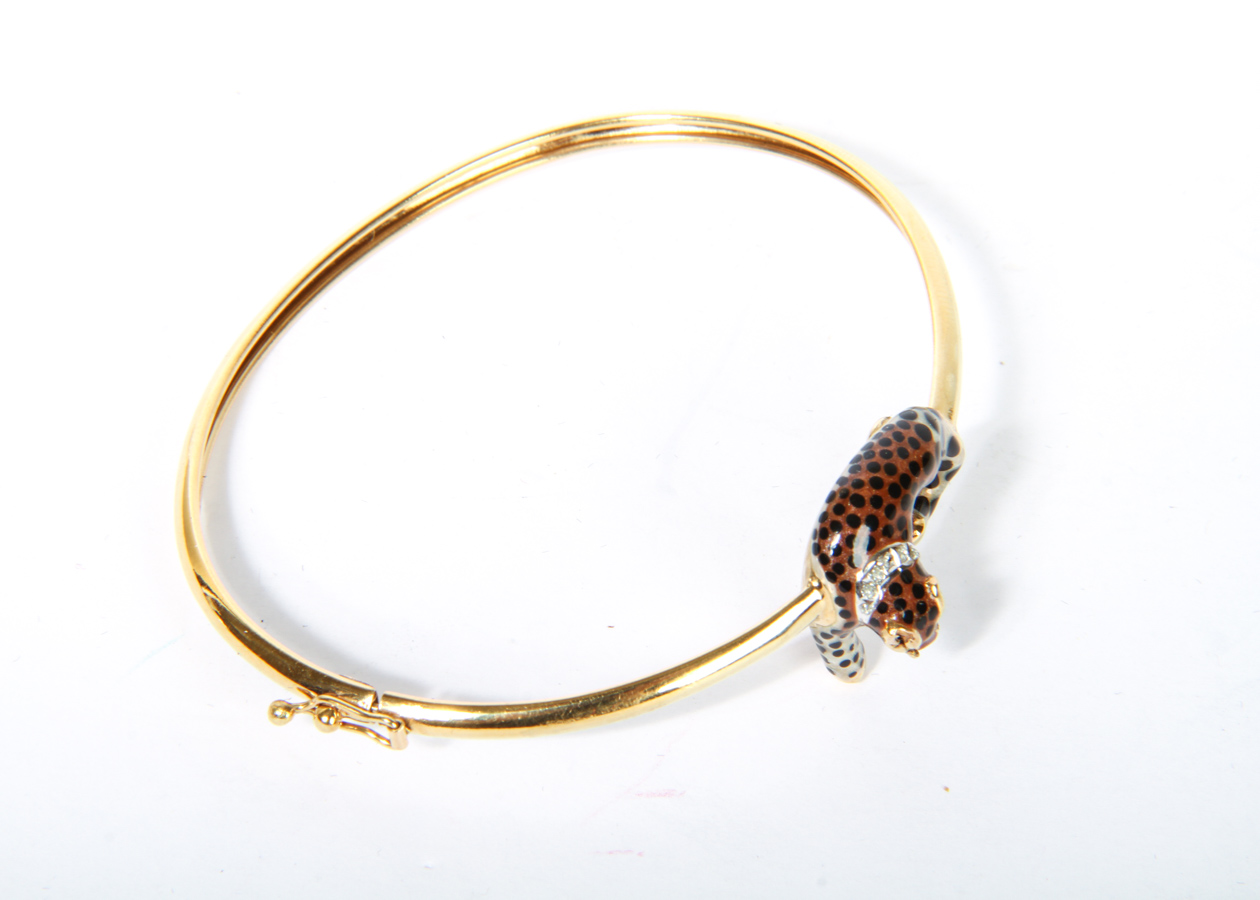 14K Yellow Gold and Diamond Enameled Cheetah Bangle