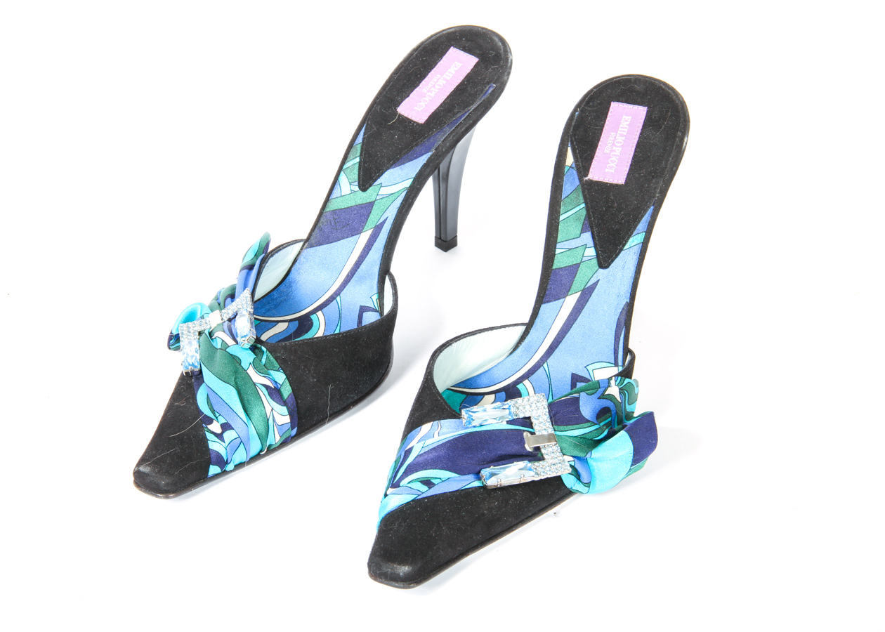 Emilio Pucci Satin Heels with Rhinestone Buckle Detail