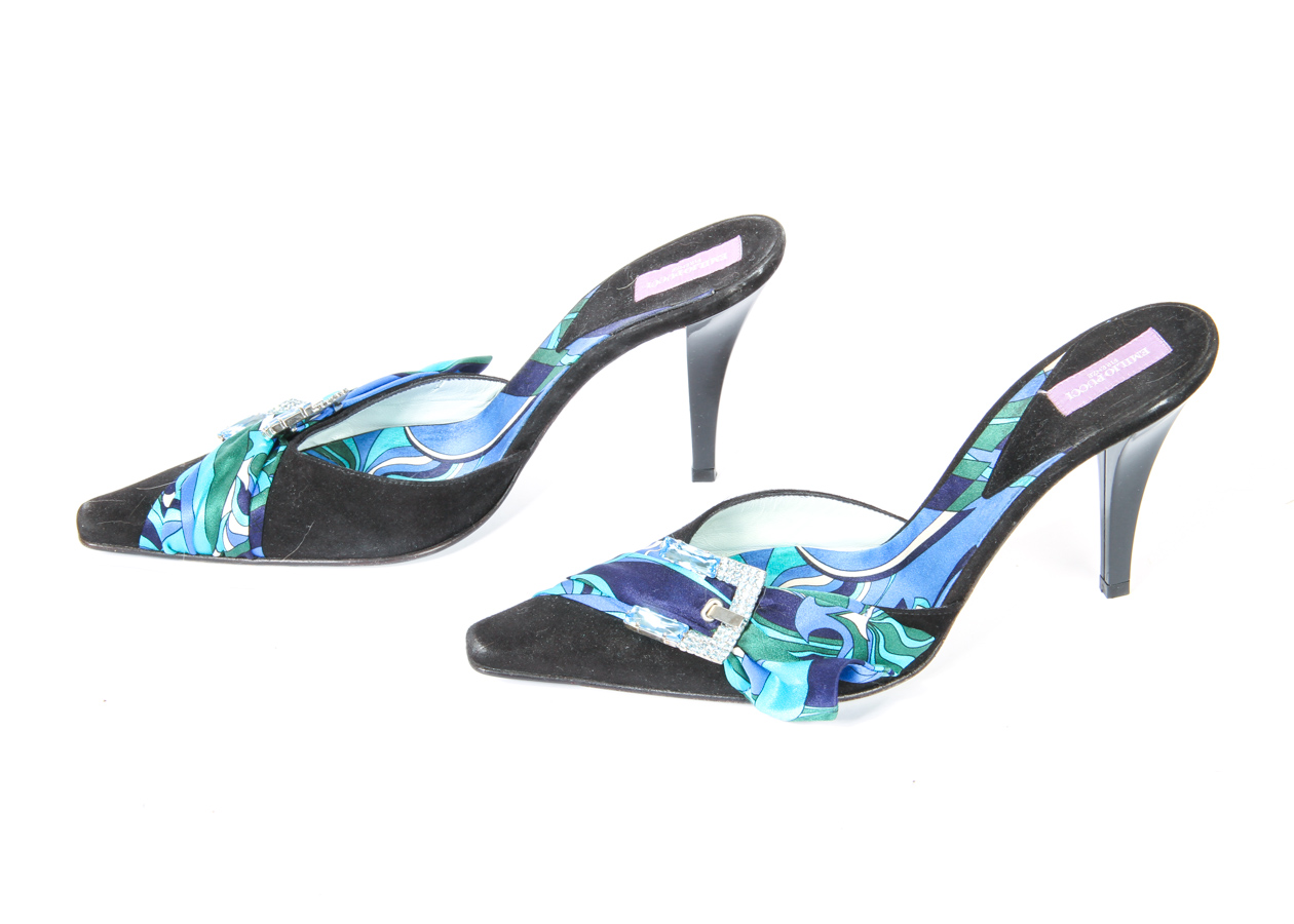 Emilio Pucci Satin Heels with Rhinestone Buckle Detail