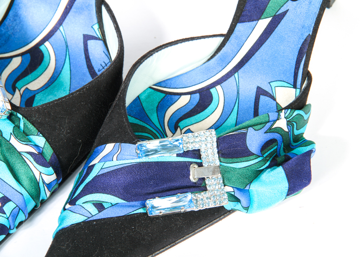Emilio Pucci Satin Heels with Rhinestone Buckle Detail