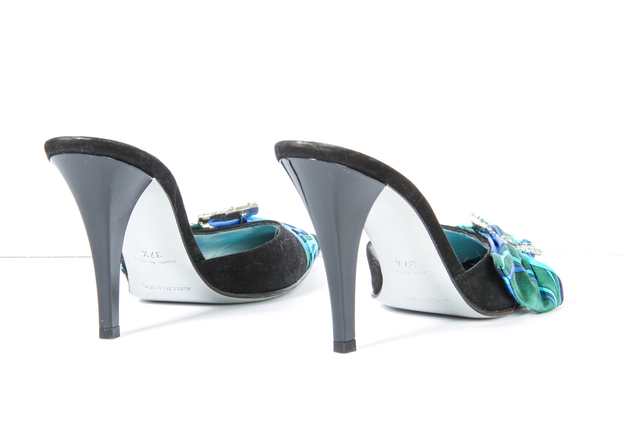 Emilio Pucci Satin Heels with Rhinestone Buckle Detail