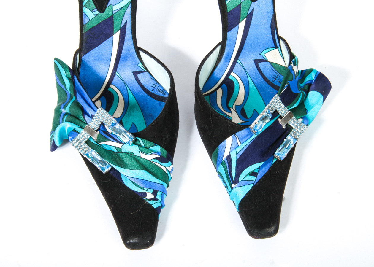 Emilio Pucci Satin Heels with Rhinestone Buckle Detail