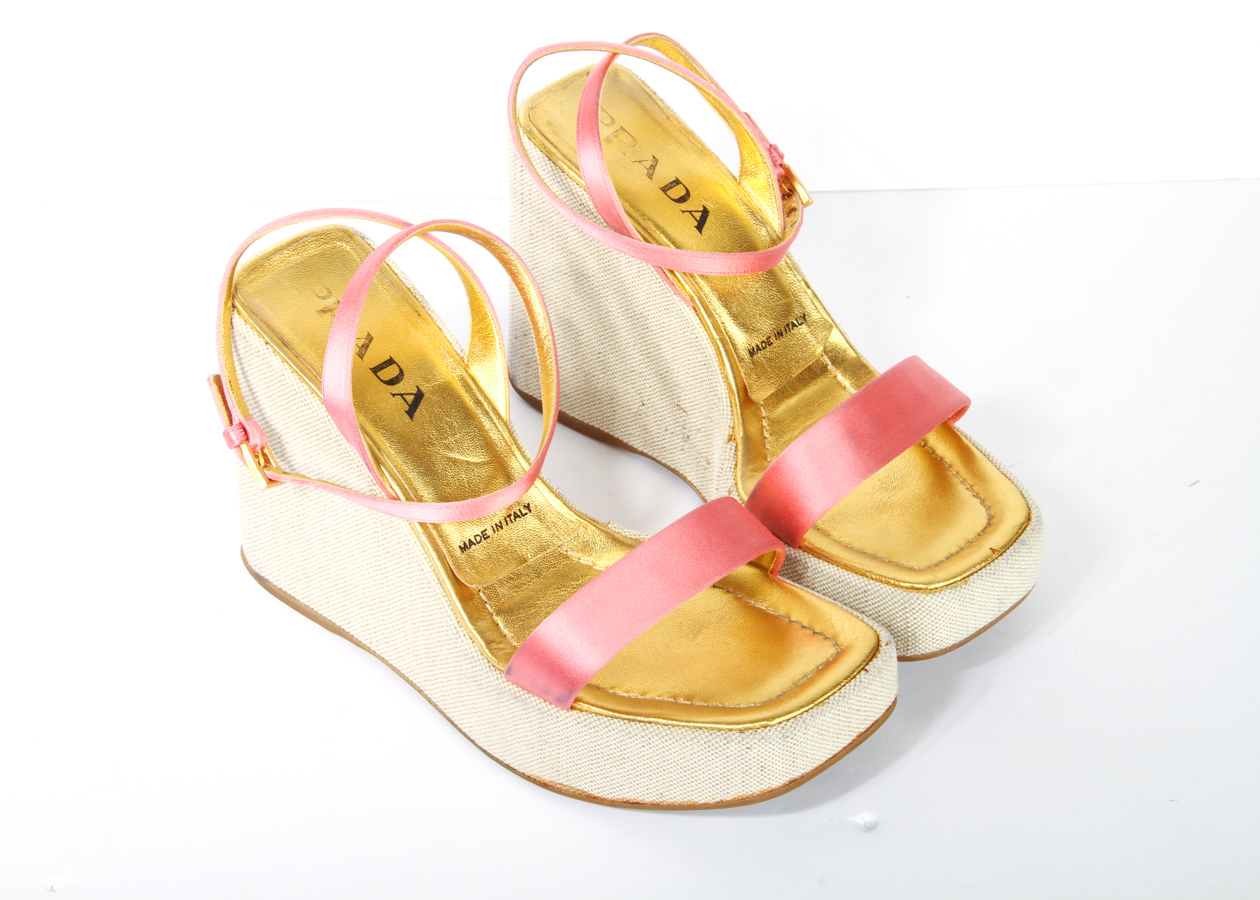 Prada Pink Satin Wedge Sandals