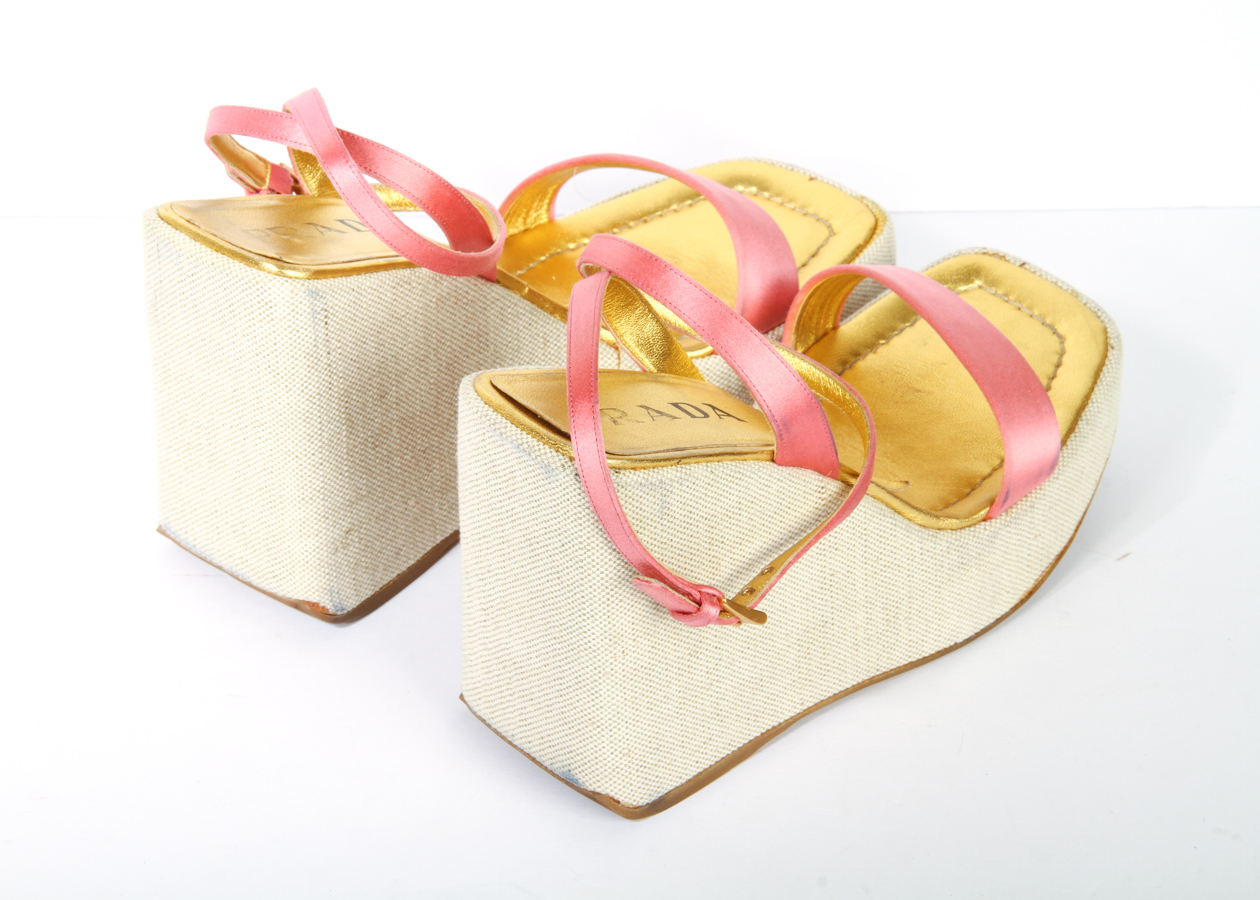 Prada Pink Satin Wedge Sandals
