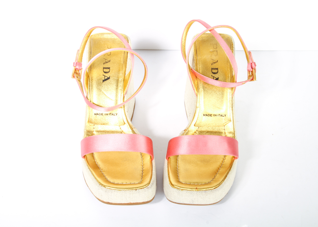 Prada Pink Satin Wedge Sandals
