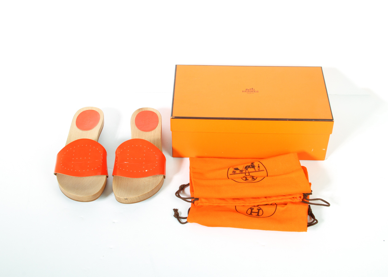 Women's Hermès Orange Patent Leather Clog Sandals