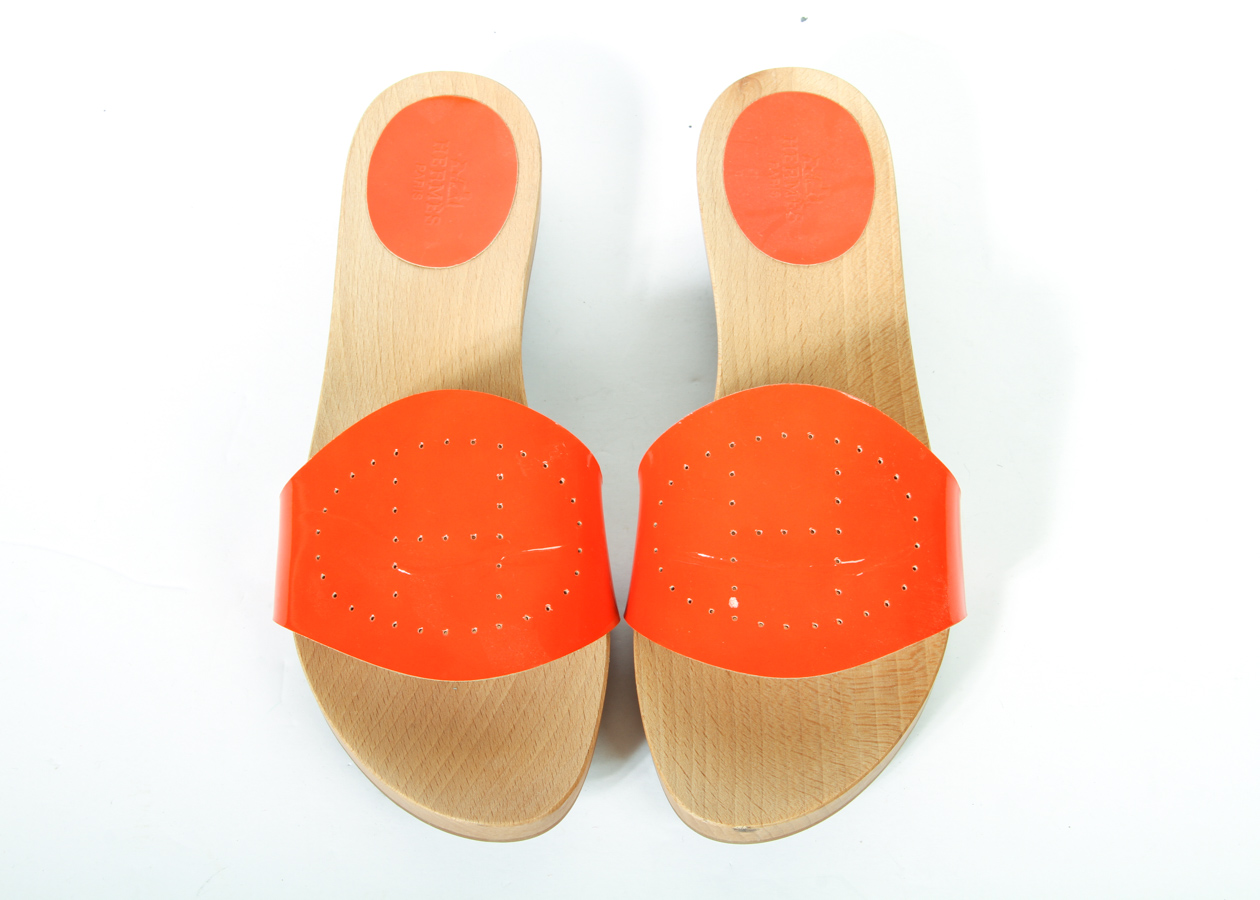 Women's Hermès Orange Patent Leather Clog Sandals