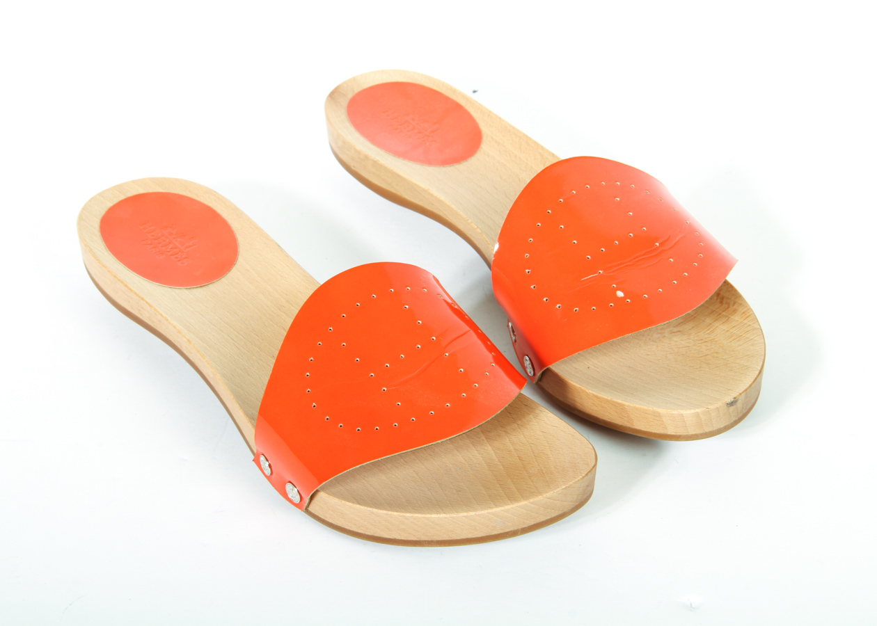 Women's Hermès Orange Patent Leather Clog Sandals