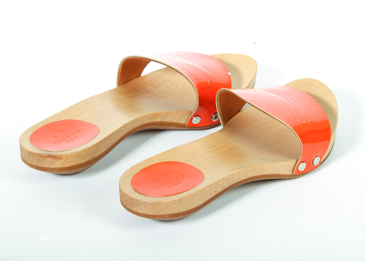 Women's Hermès Orange Patent Leather Clog Sandals