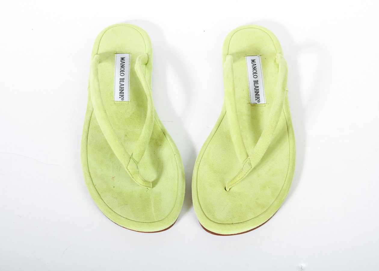 Manolo Blahnik Chartreuse Suede Flip Flops