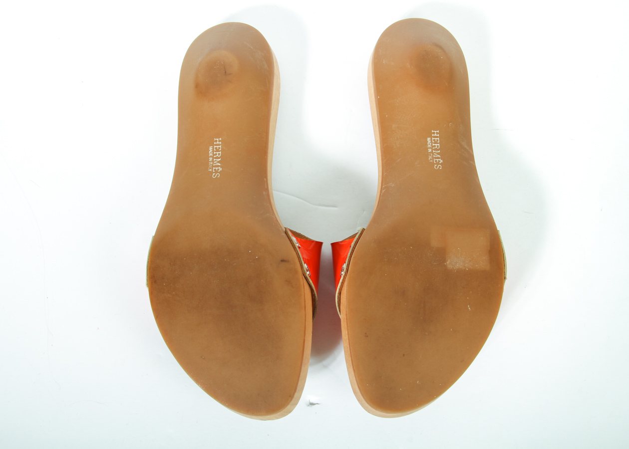 Women's Hermès Orange Patent Leather Clog Sandals