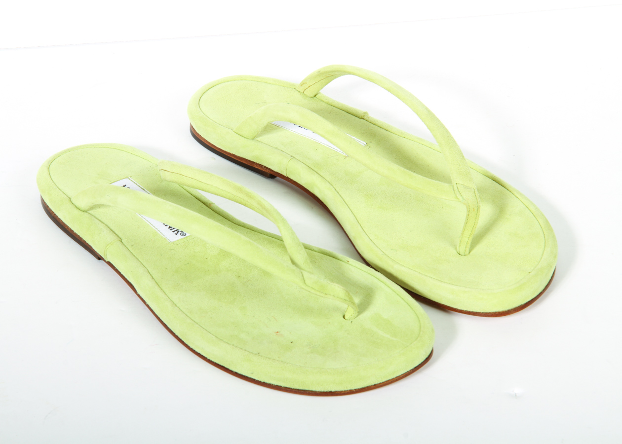 Manolo Blahnik Chartreuse Suede Flip Flops