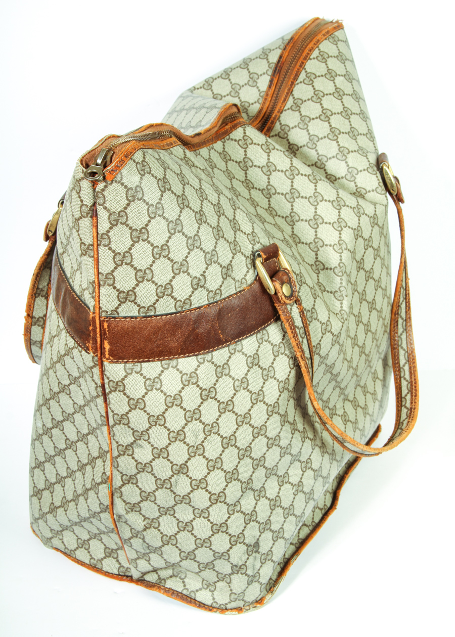 Vintage Gucci Logo Print with Leather Trim Oversize Tote Bag