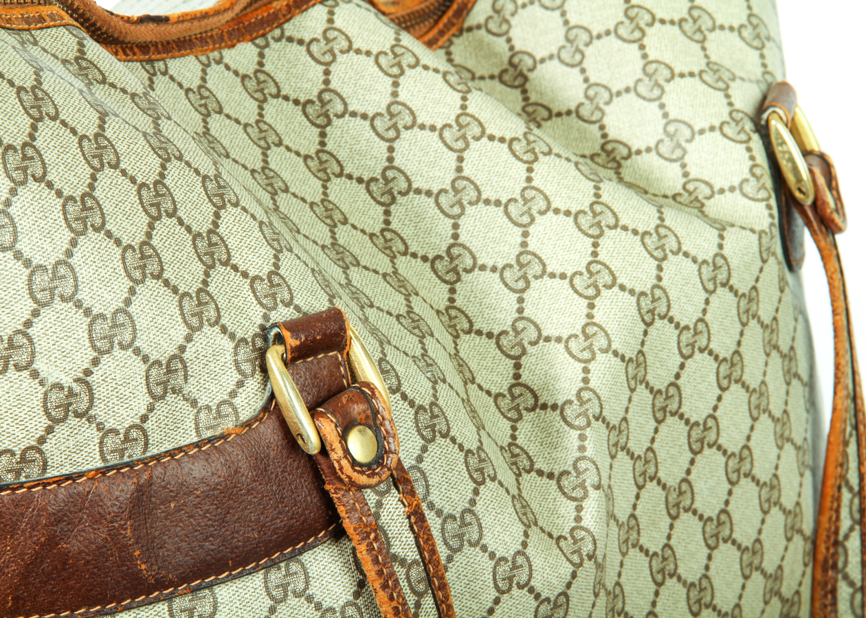 Vintage Gucci Logo Print with Leather Trim Oversize Tote Bag