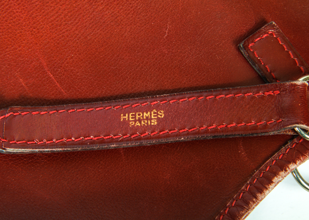Vintage Hermès Red Leather Trim Bag with Gold Tone Hardware