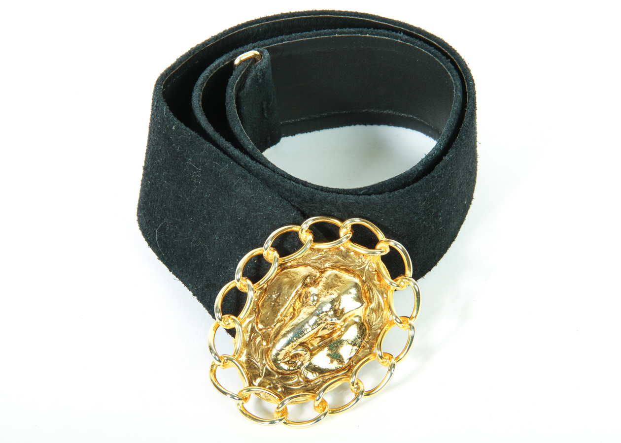 Vintage Miss Dior Black Suede Belt with Elephant Belt Buckle