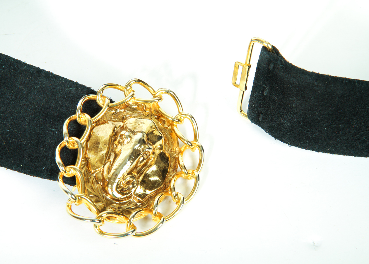 Vintage Miss Dior Black Suede Belt with Elephant Belt Buckle