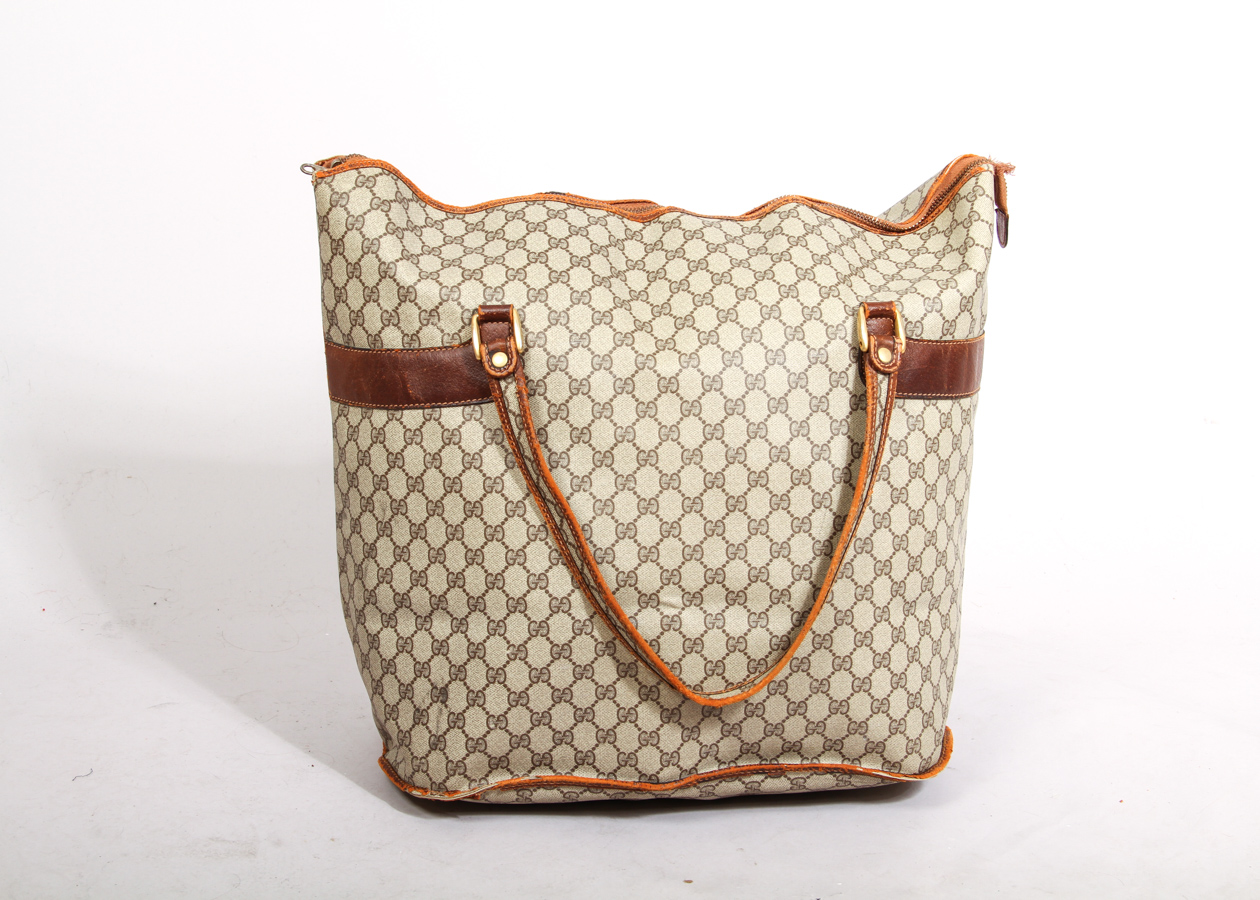 Vintage Gucci Logo Print with Leather Trim Oversize Tote Bag