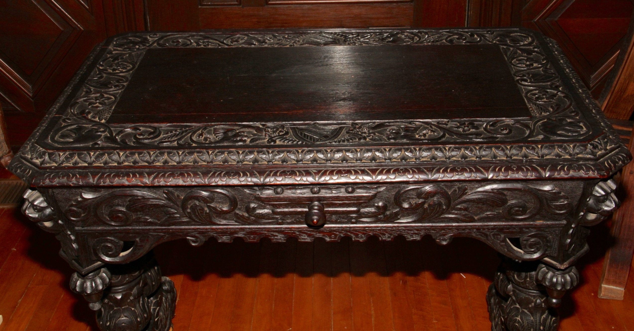Ornately Carved Solid Wood Writing Desk