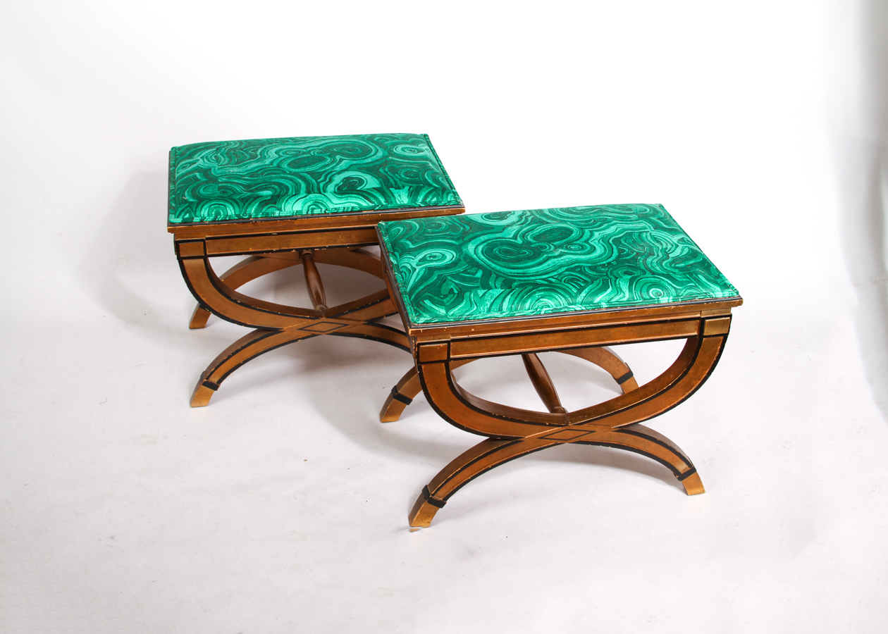 Tony Duquette Upholstered Hollywood Regency Style X-Frame Benches
