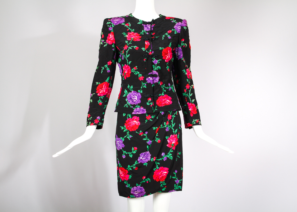 Vintage Ungaro Silk Quilted Floral Print Skirt & Jacket Suit