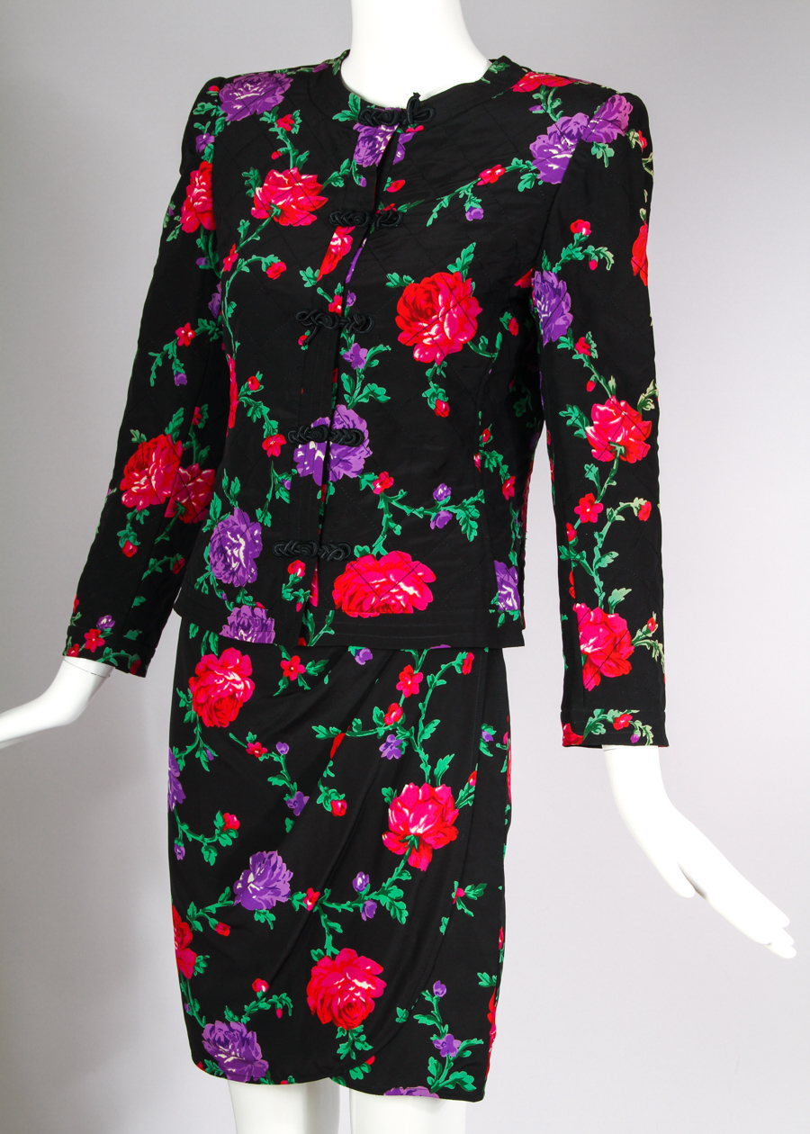 Vintage Ungaro Silk Quilted Floral Print Skirt & Jacket Suit