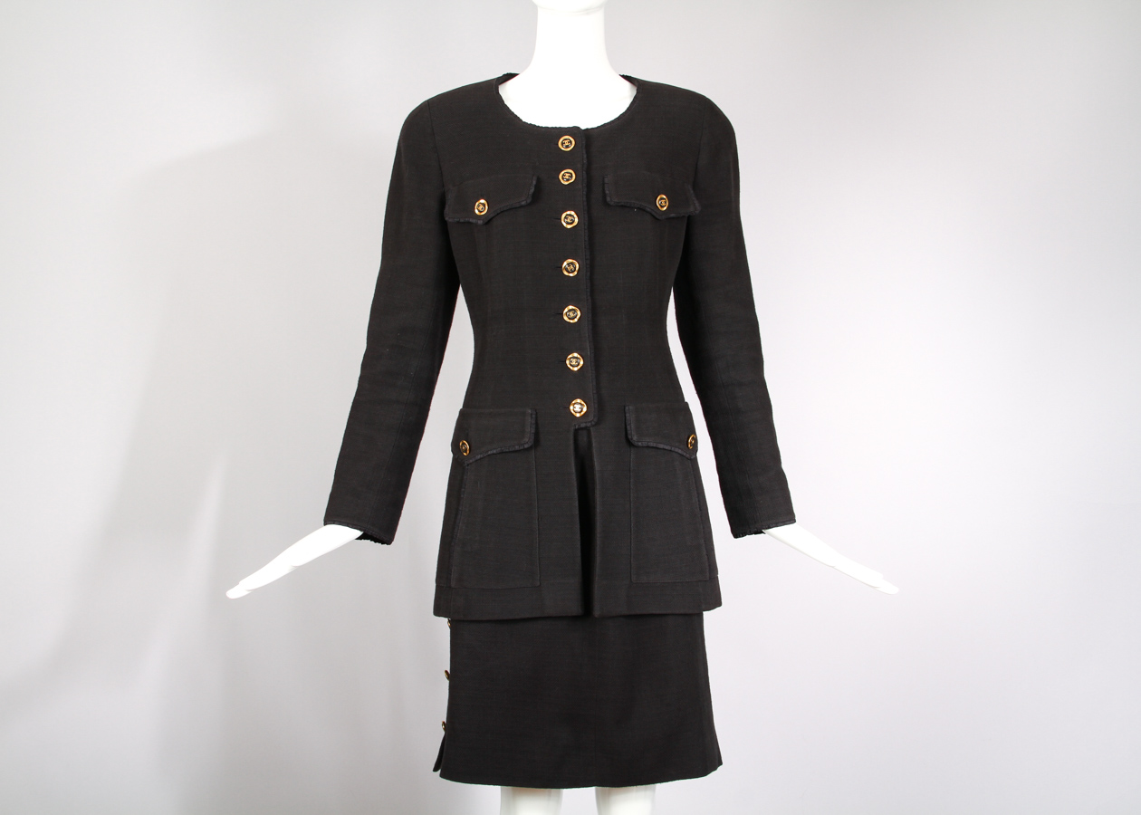 Vintage Chanel Black Cotton Jacket & Skirt Ensemble