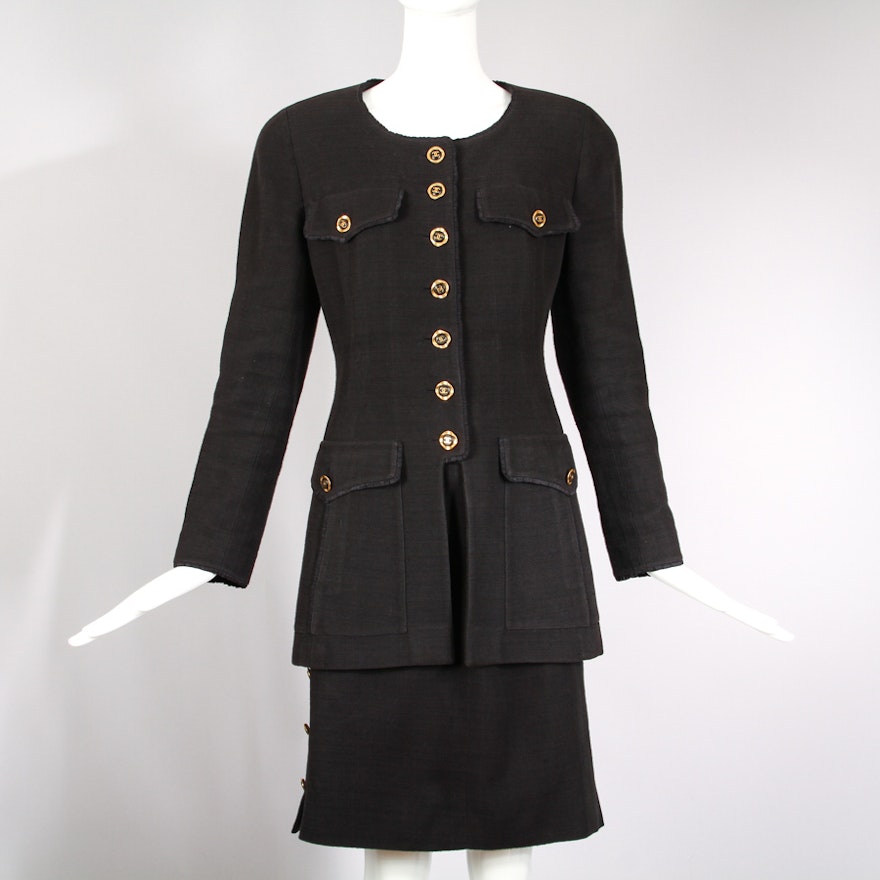 Vintage Chanel Black Cotton Jacket & Skirt Ensemble