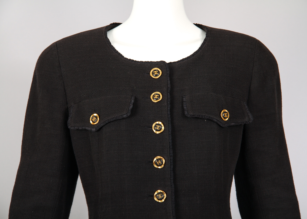 Vintage Chanel Black Cotton Jacket & Skirt Ensemble