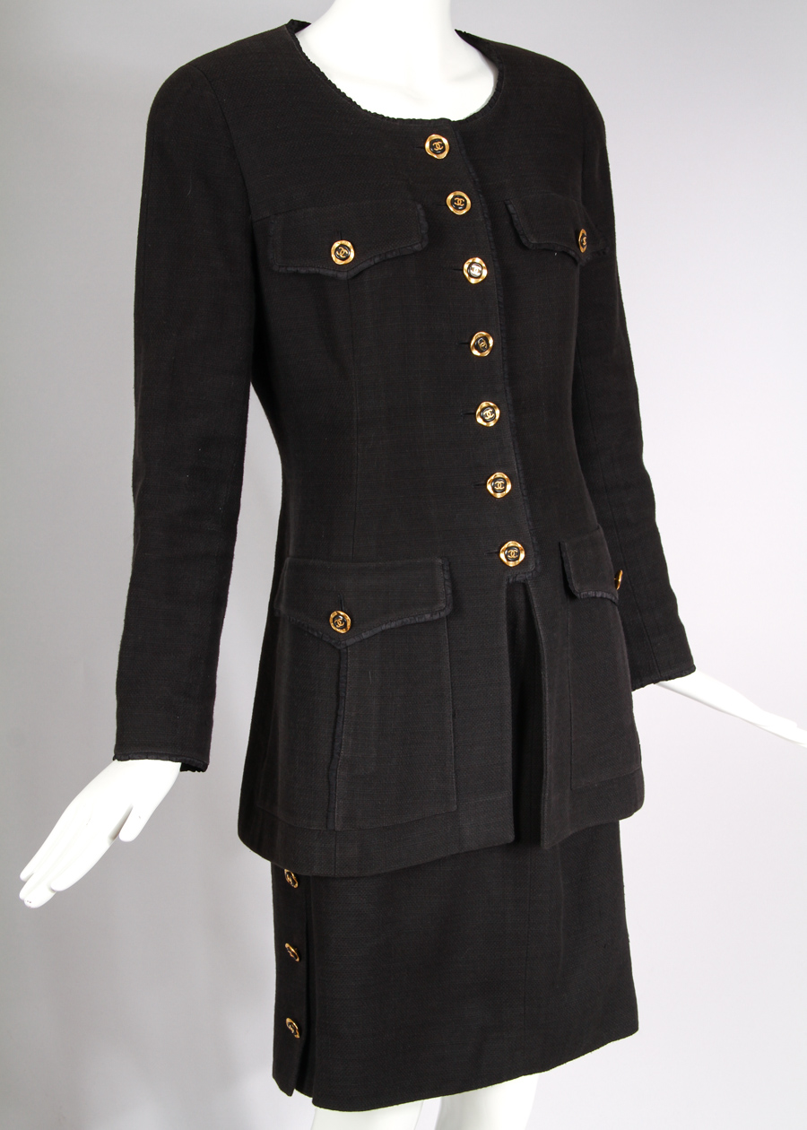 Vintage Chanel Black Cotton Jacket & Skirt Ensemble