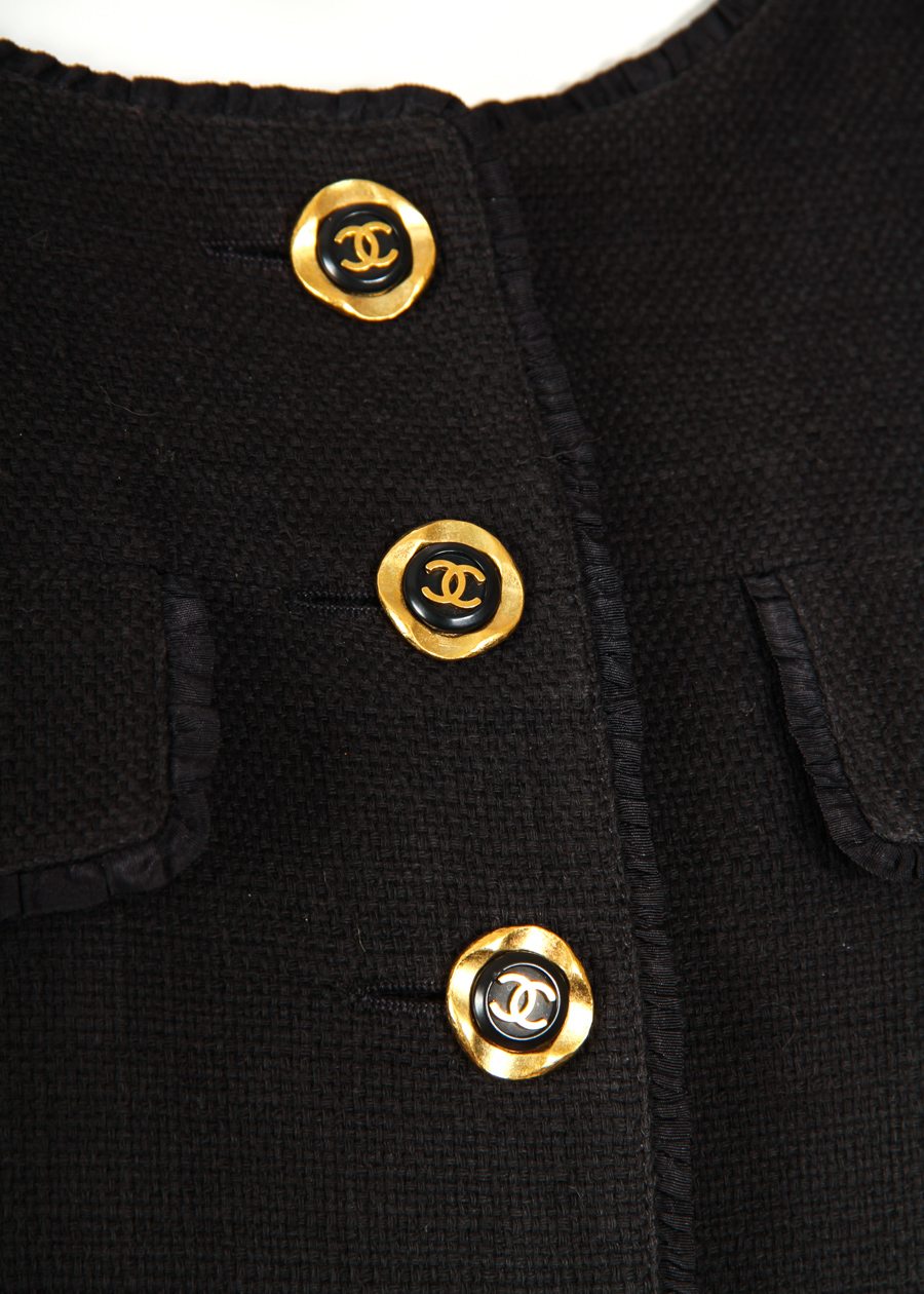 Vintage Chanel Black Cotton Jacket & Skirt Ensemble