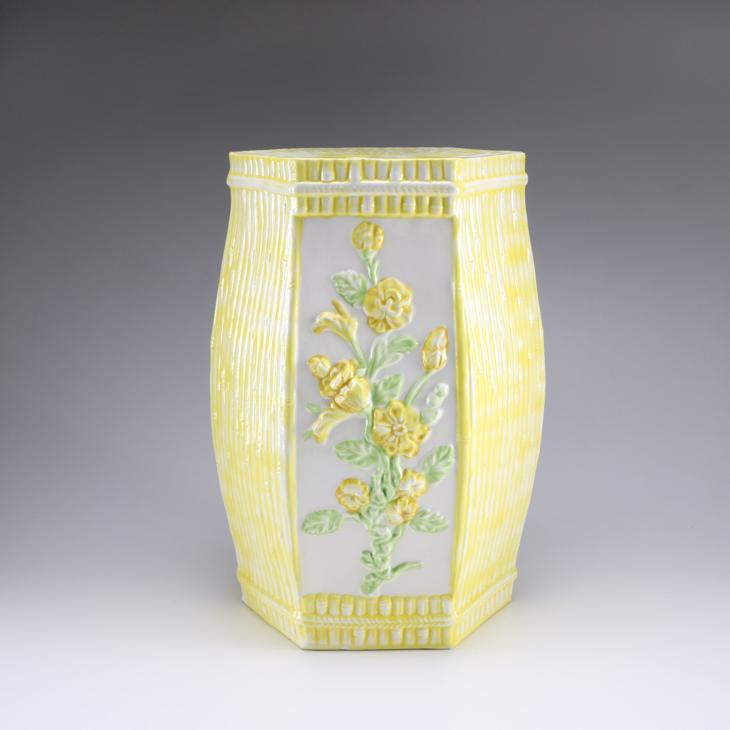 Yellow Ceramic Garden Seat with Painted Floral Motif