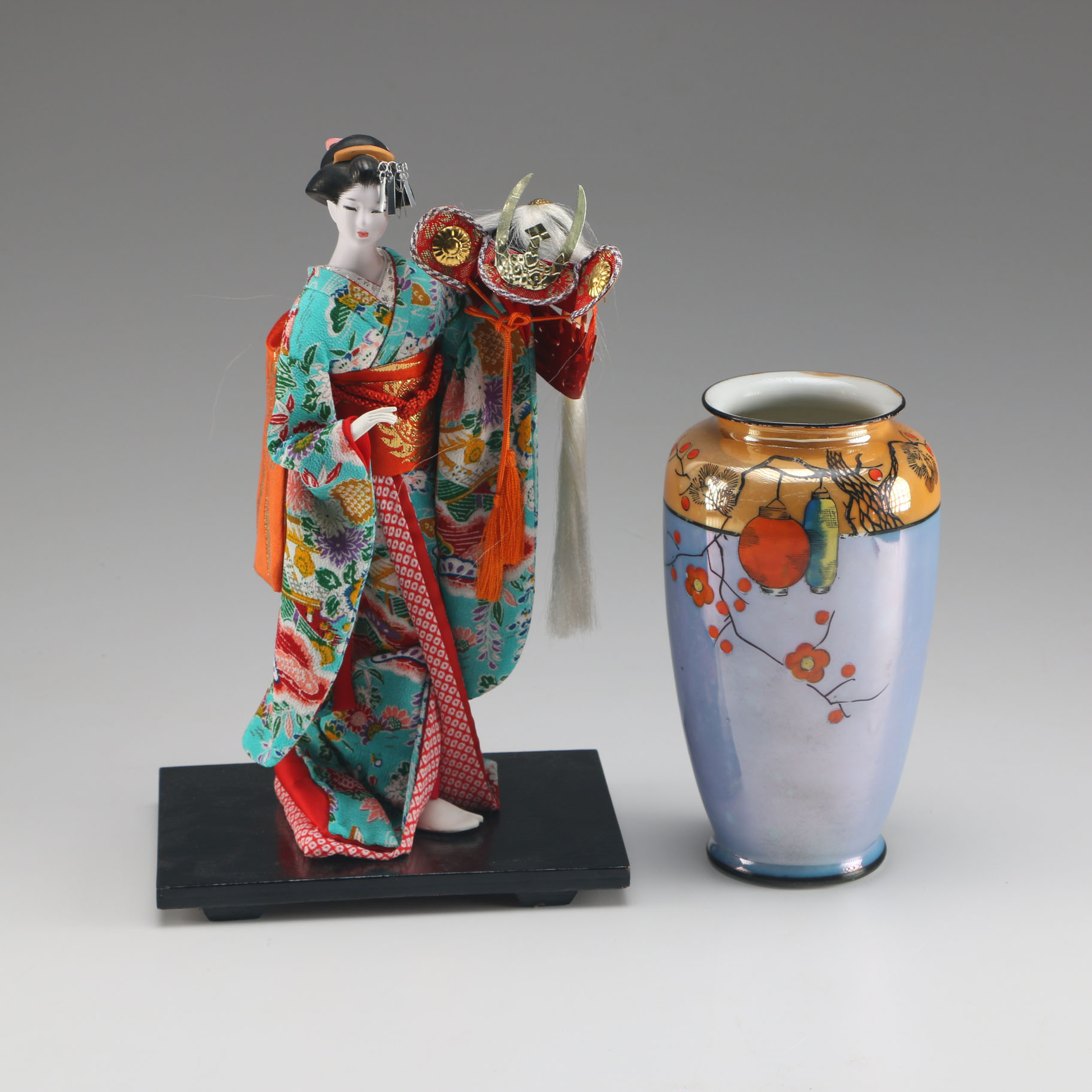 Vintage Seiei & Co. Japan Lusterware Vase and Porcelain Geisha Doll