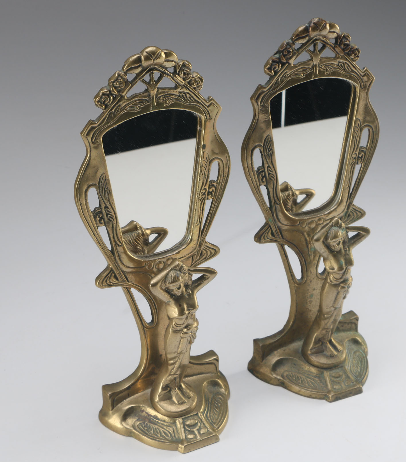 Pair of Art Nouveau Style Brass Freestanding Mirrors
