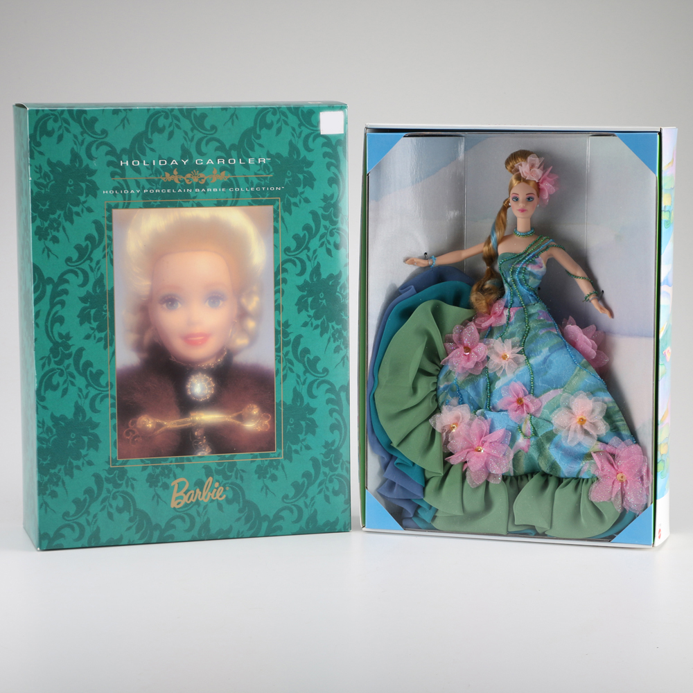 Claude Monet "Water Lily" Barbie and Porcelain Holiday Caroler Barbie Doll Pairing