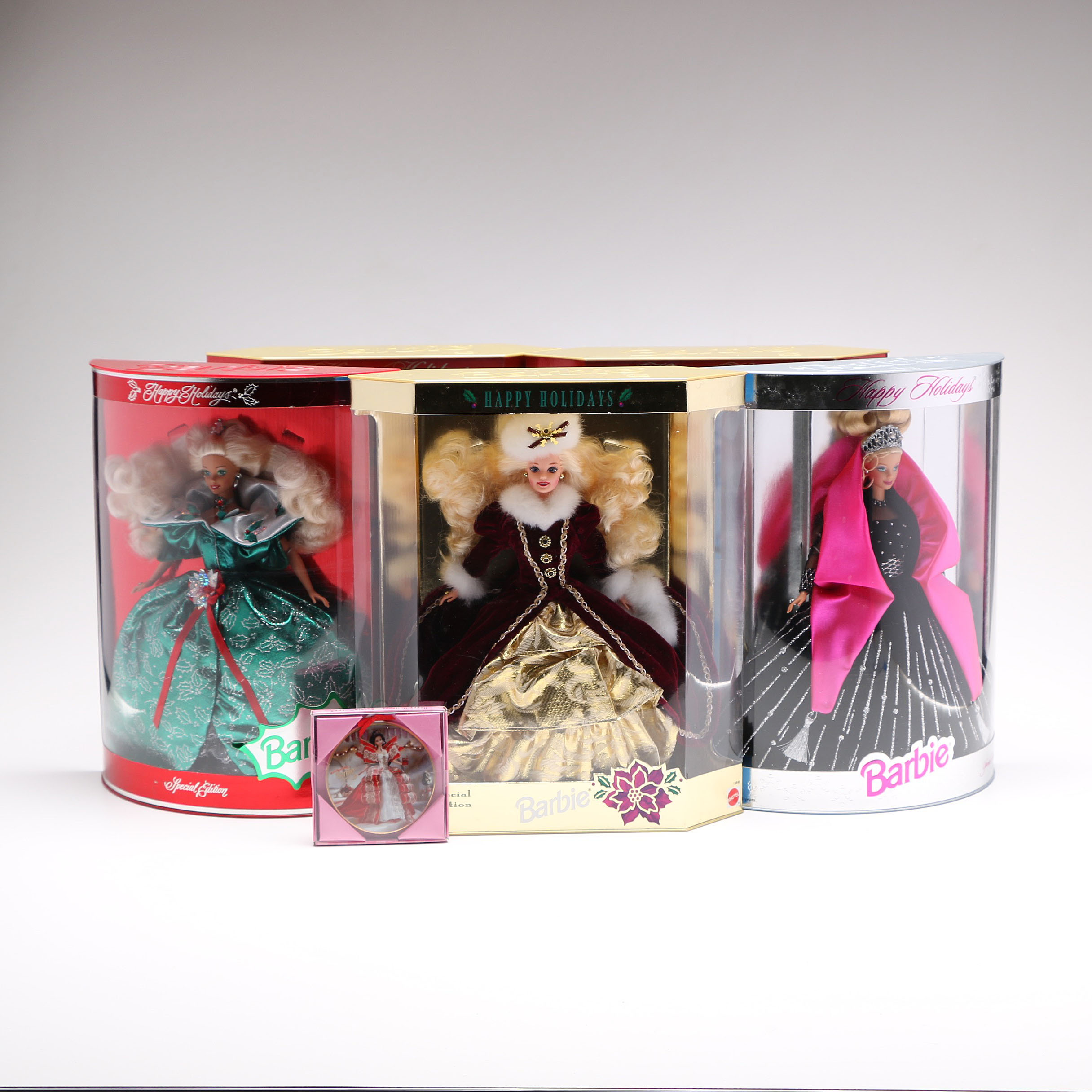 Set of "Happy Holidays" Special Edition Barbies and Ornament