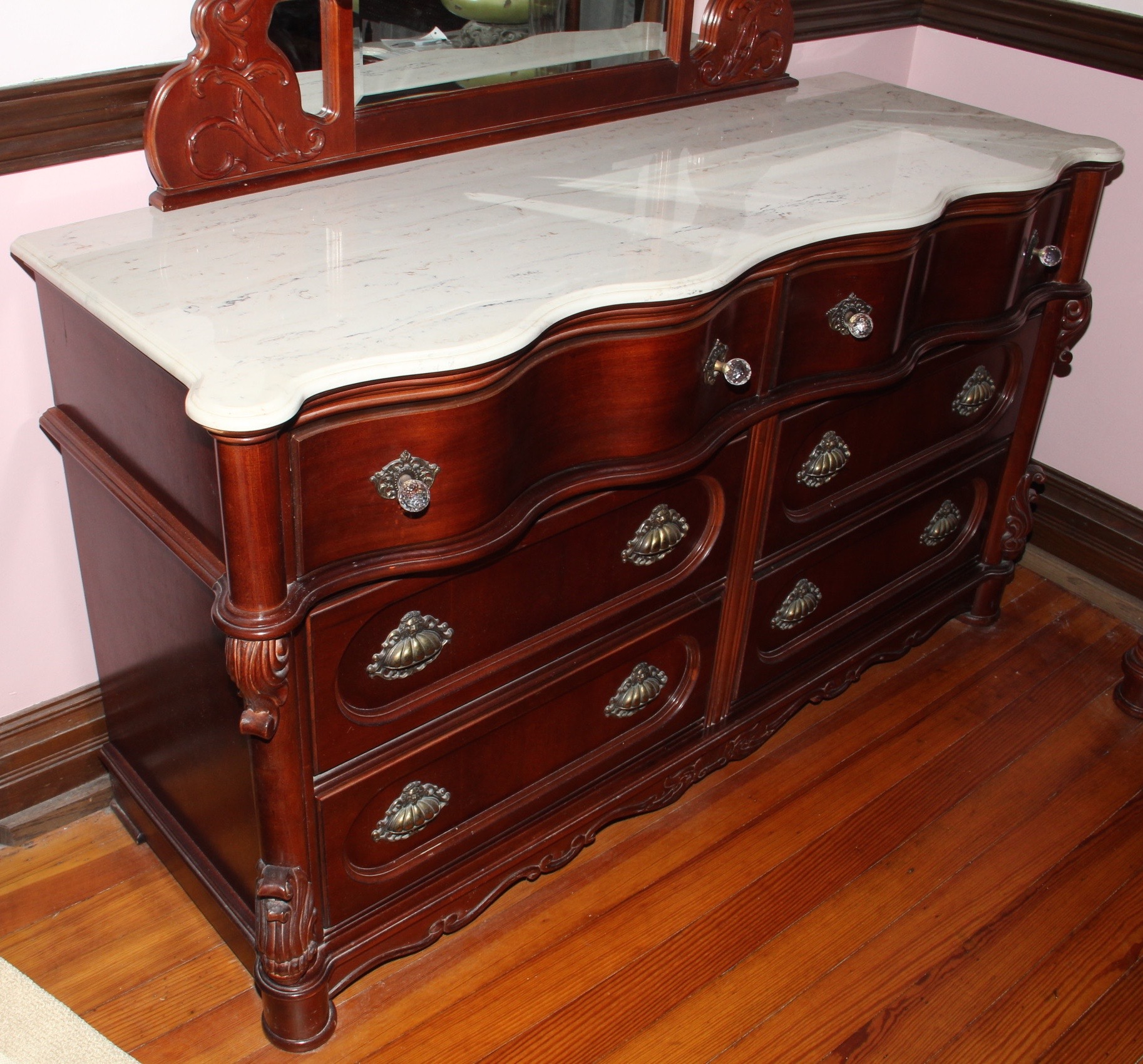 Pulaski Furniture Mahogany Reproduction Victorian Style Marble Top Dresser with Mirror