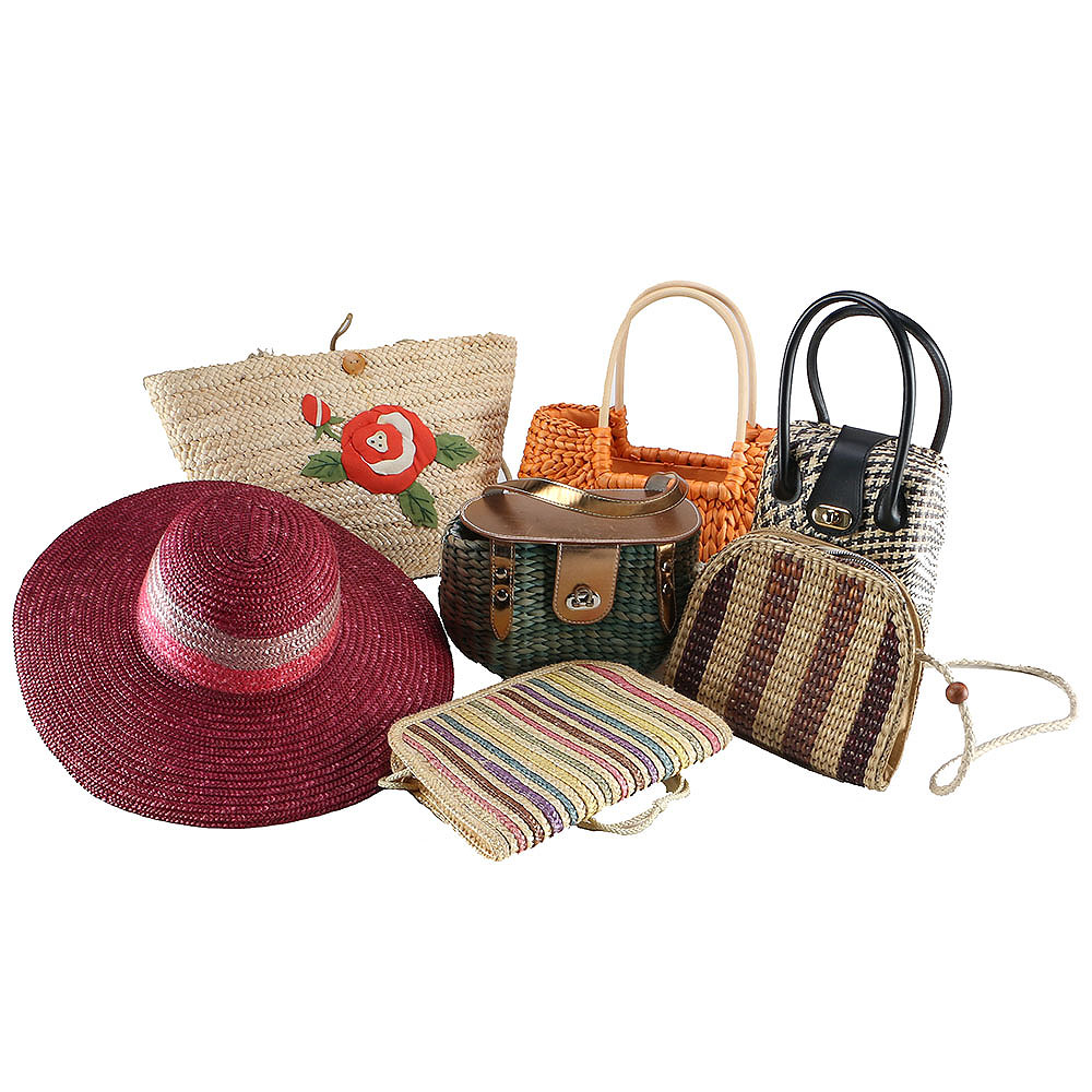 Six Straw Purses and One Straw Hat